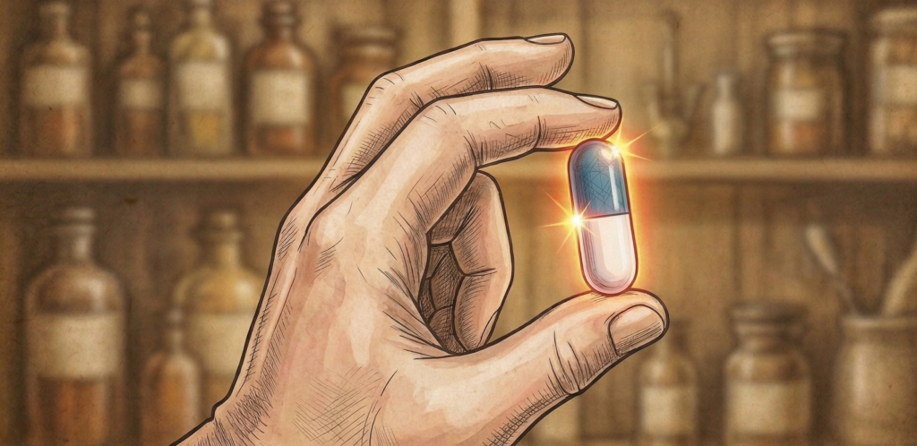 Mano sosteniendo una cápsula de medicamento brillante en una botica antigua.