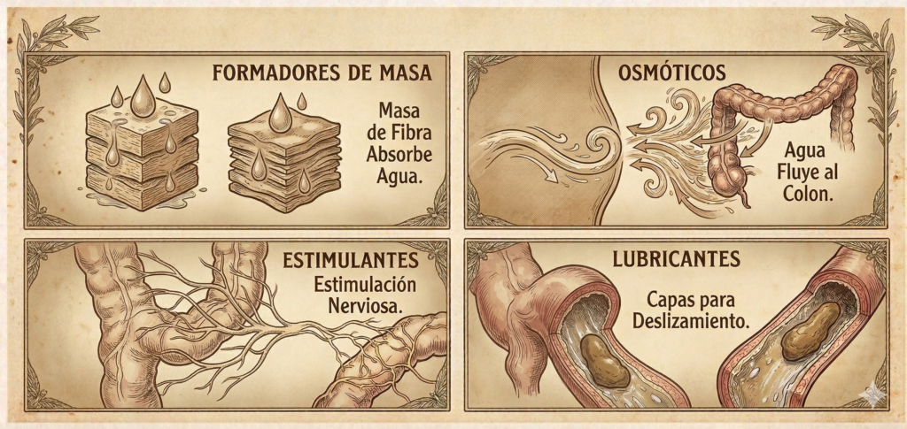 Cuadro comparativo ilustrado de cuatro tipos de medicamentos lazantes para el estreñimiento: formadores de masa, osmóticos, estimulantes y lubricantes, con diagramas del sistema digestivo.