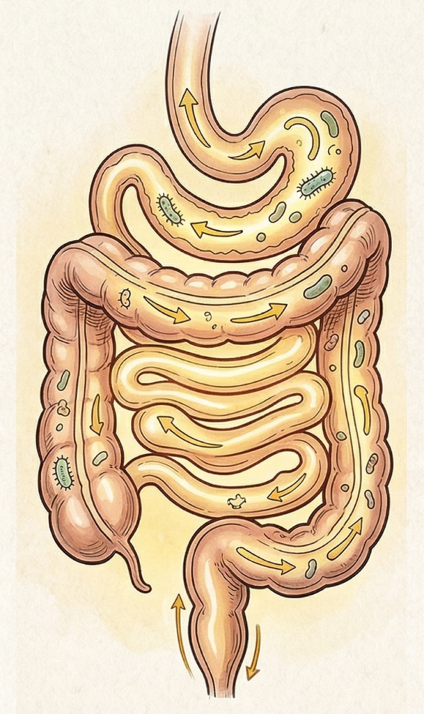 Diagrama anatómico del colon y sistema digestivo con microbiota intestinal y movimiento peristáltico correcto sin estreñimiento.